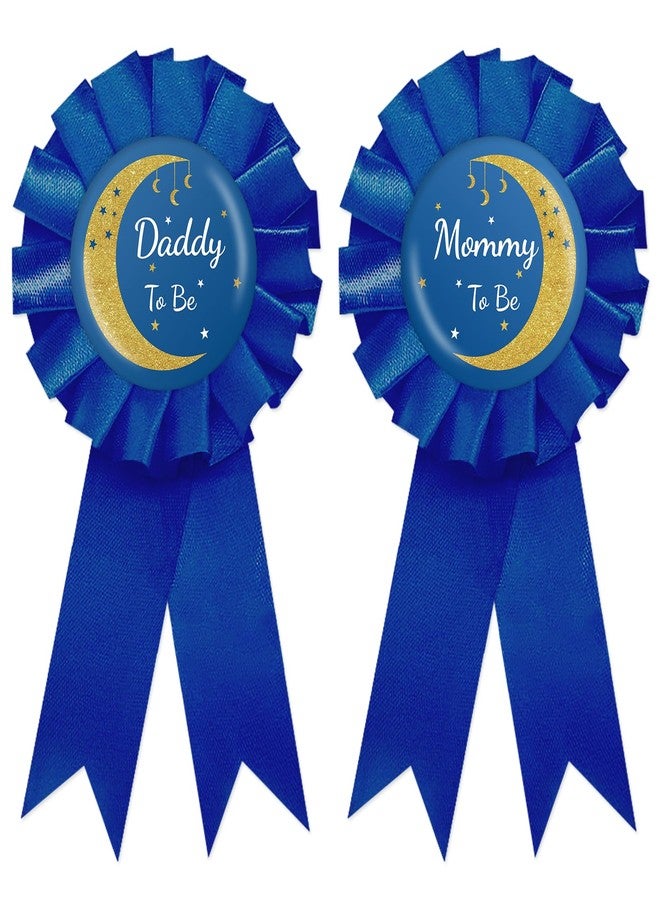SUPERLUBY Star and Moon Mom to Be Tinplate Badge Pin, Moon Daddy to Be Pin, Twinkle Little Star Gender Reveal Button for New Parents, Blue Rosette Mom to Be Award Ribbon, Over The Moon Baby Shower Party Favors - Image 1
